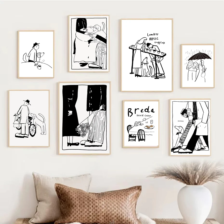 1pc Scandinavian Minimalist Art Poster Modern Korean Black and White Anime Style Puppy and Couple Illustration Home Office Decor