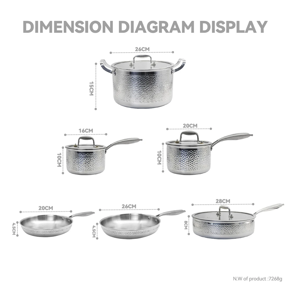 10pcs High End Non-stick Induction Cooking Pot 304 Hammered Stainless Steel Cookware Set