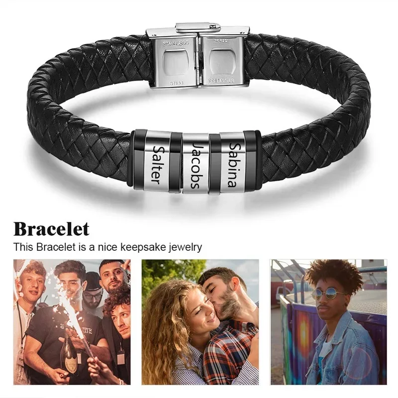 Custom Men Name Bracelets with 1-5 Names Engraved Personalized Leather Braid Bracelets Gifts for Men Birthday Father's Day