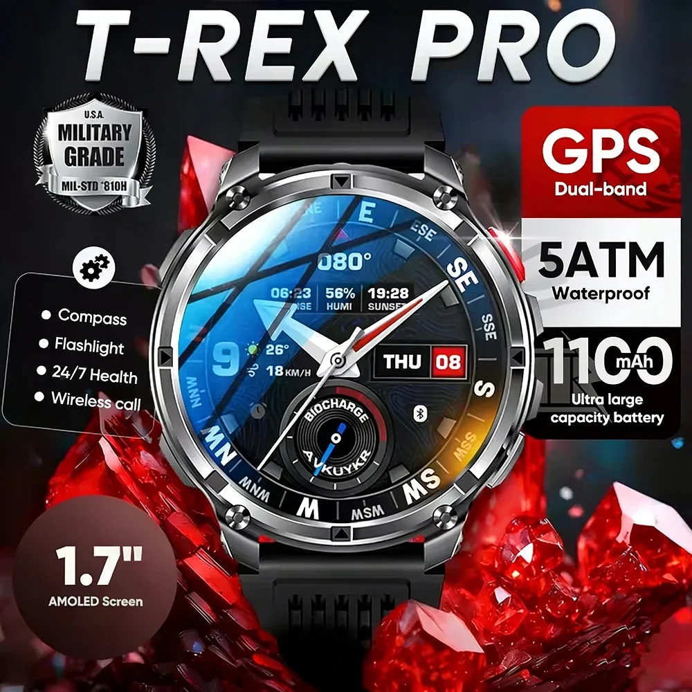 

Новые смарт-часы T-Rex3 Pro 2026 года с аккумулятором 1100 мАч, GPS-трекером, водонепроницаемостью 5ATM, для спорта, бега, активного отдыха, с компасом, военные смарт-часы