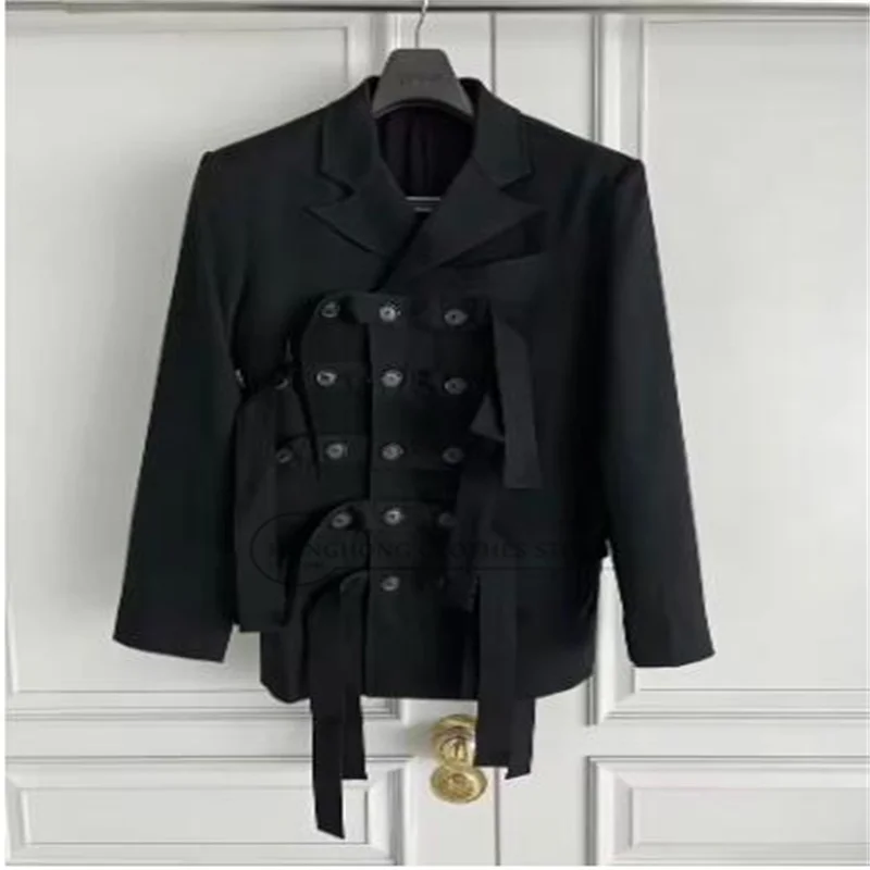 TOP-YAMAMOTO Original Design Lace-Up Capsule Multi-Button Striped Double-Police Double-Collar Large-Sized Suit Jacket