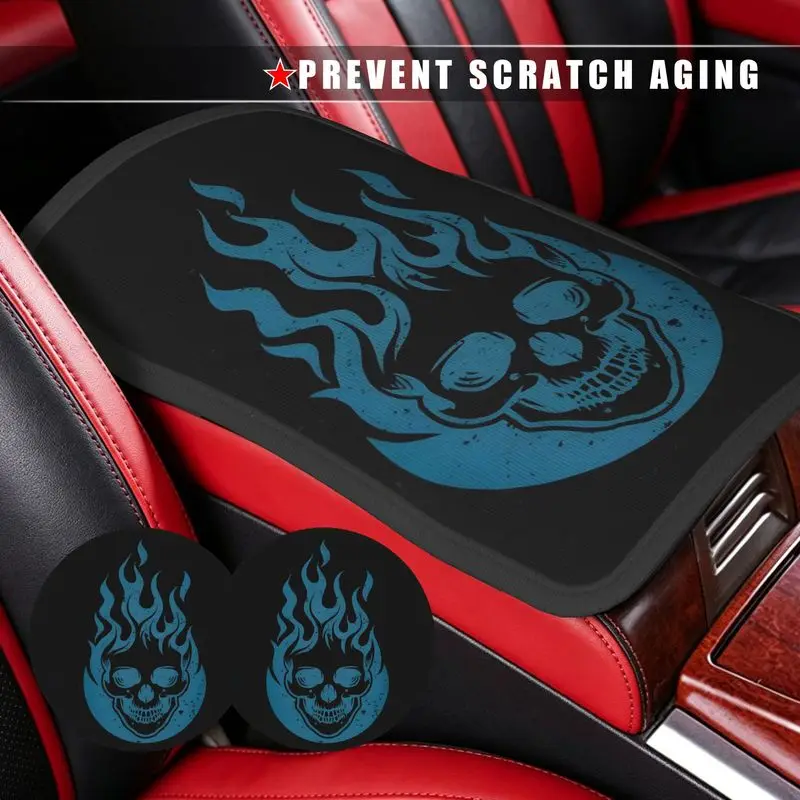 1 Pc Car Armrest Cover + 2 Pcs Cup Coasters | Blue Flame Skull Print | Cool Car Interior Accessories