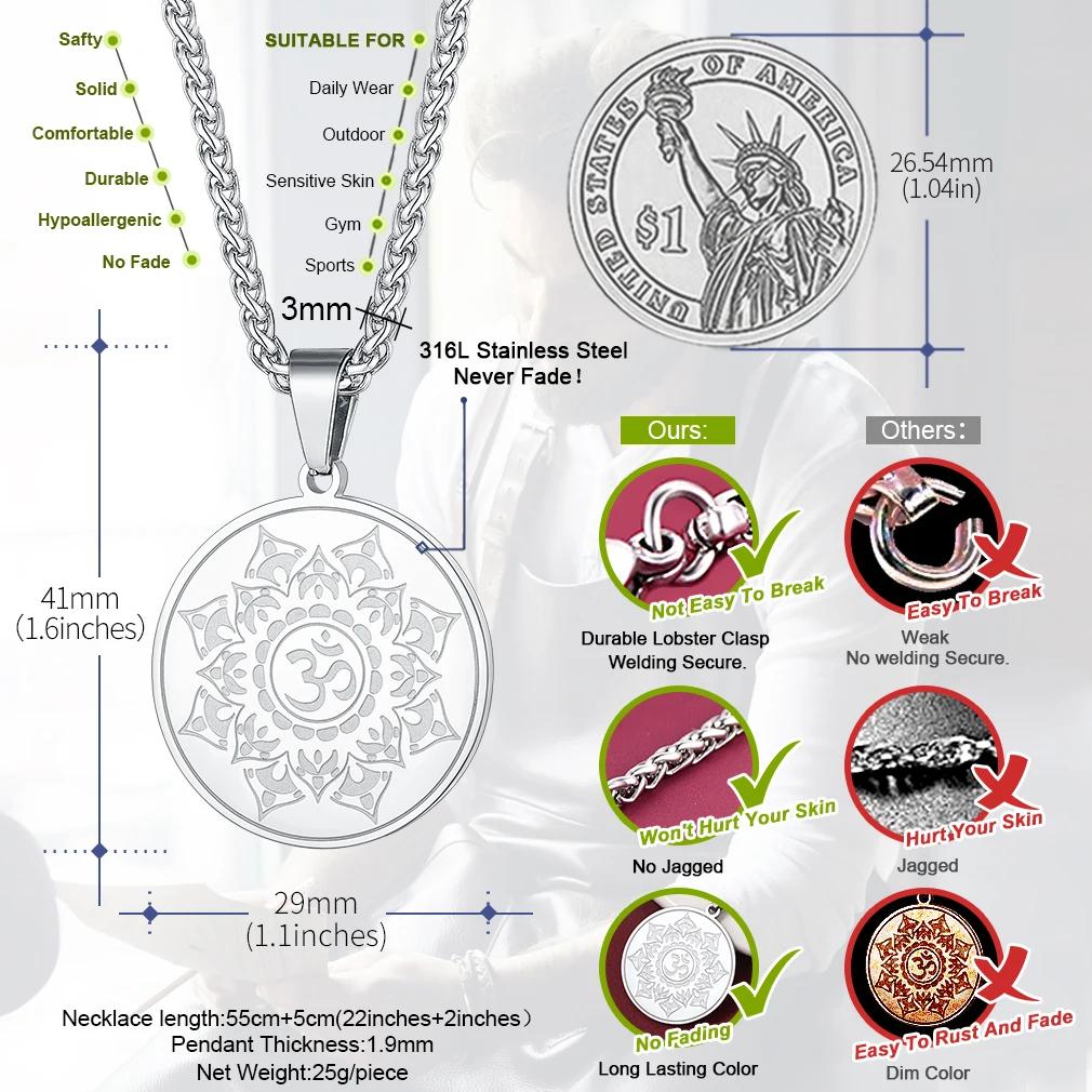 Stainless Steel Buddha Buddhist Mandala Pendant Necklace for Men Women 22 Inches Chain Unisex Jewlery Gift