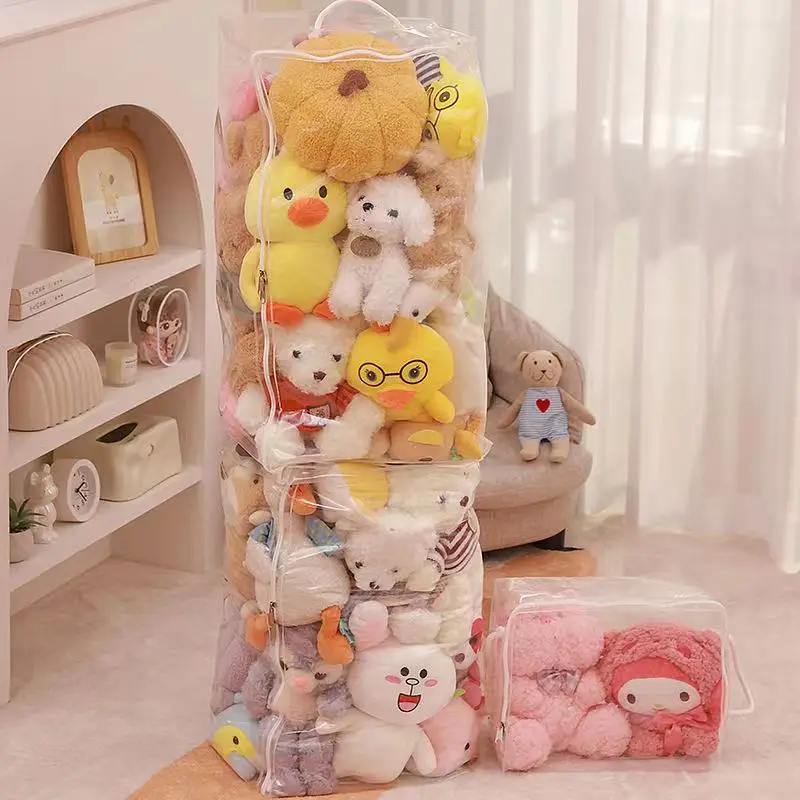 Large capacity Plush  toy storage bag transparent doll storage tube zipper dustproof storage bag and organization