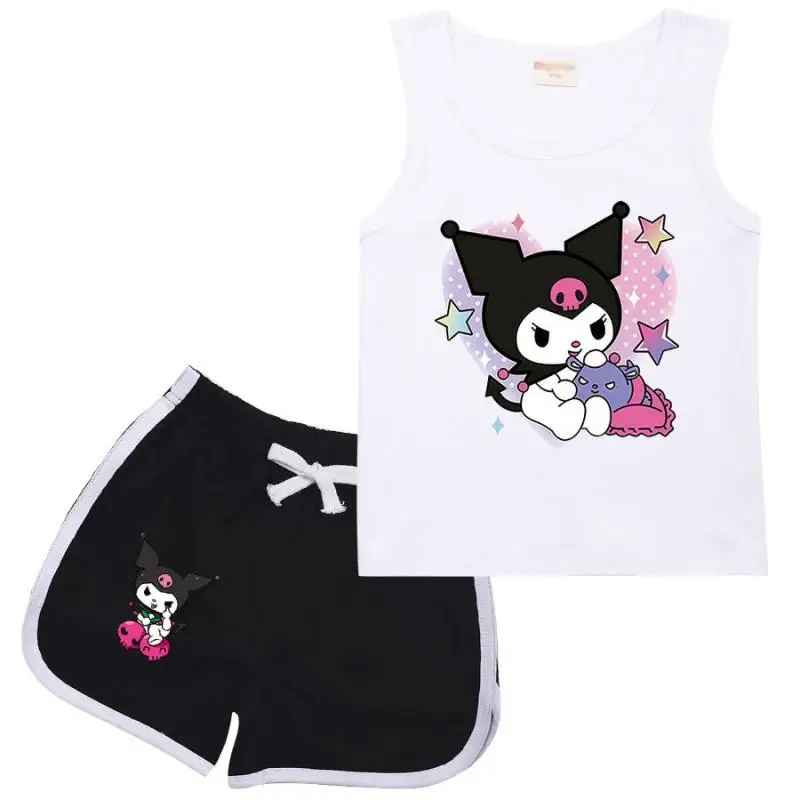 Sanrios Kids Fashion Suit Cartoon Kuromi Girls Short Sleeve Shorts Two-Piece Set Cartoon Cotton T-Shirt Summer Casual Sportswear