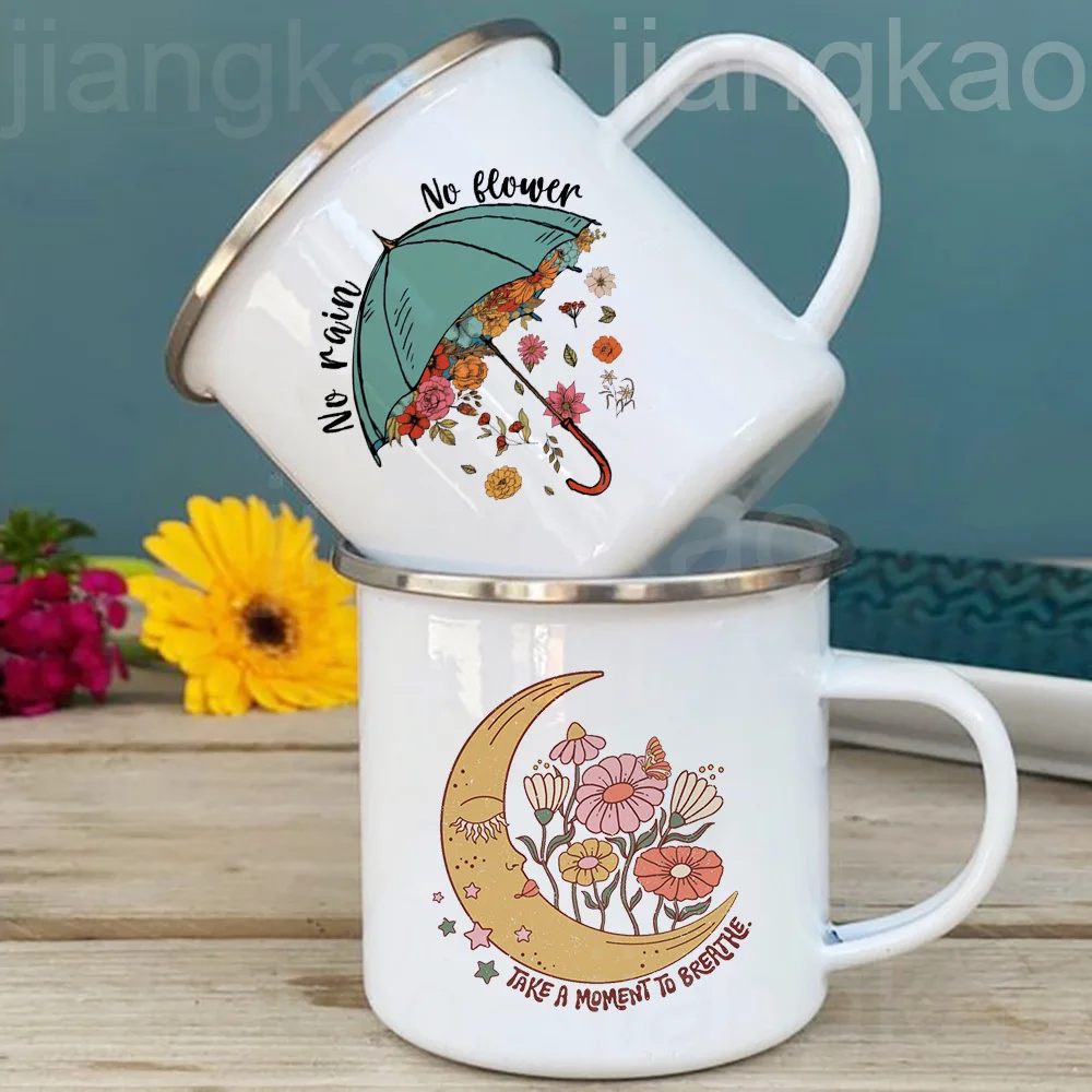 No Rain No Flower Umbrella Print Mug Outdoor Travel Coffee Cup Mental Health Enamel Cups Drink Dessert Milk Harajuku Handle Mugs