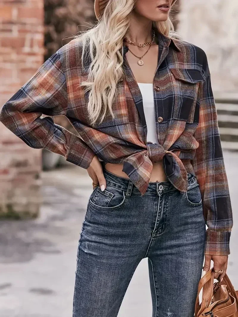 Women\'s Plus Size 1XL-5XL Casual Loose Comfortable Fit Blouse Long Sleeve Turn DownPlaid Print Collar Shacket
