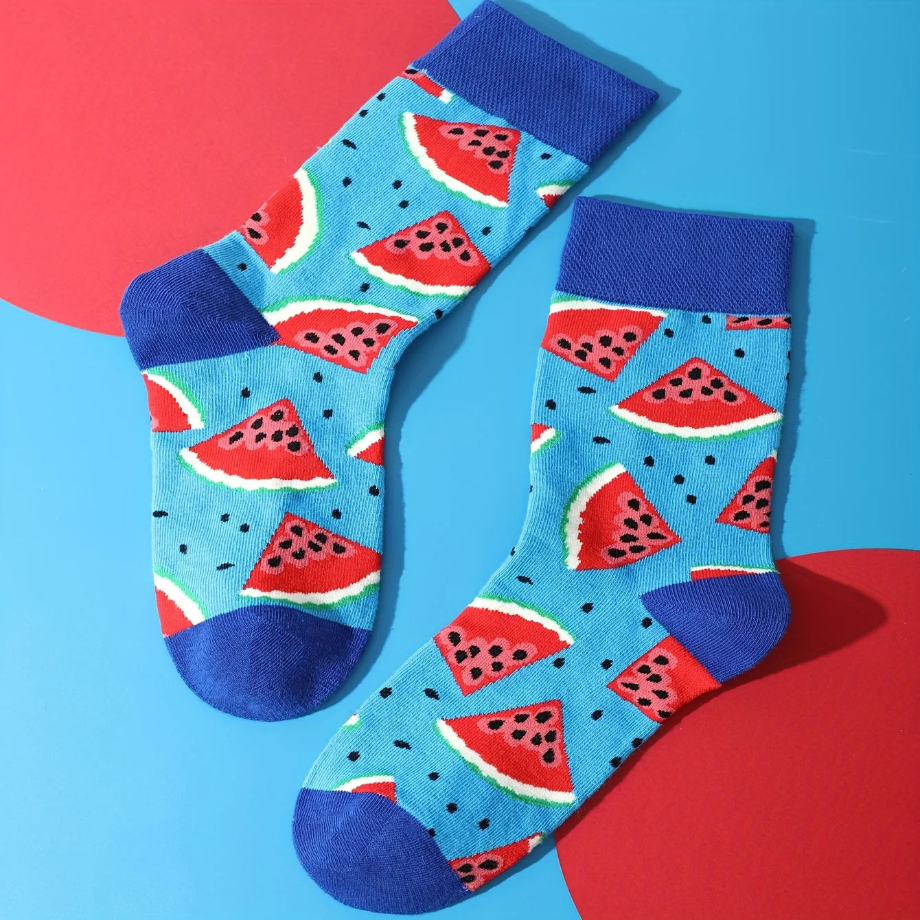 A pair of watermelon fruits with flowers pattern fashion casual stockings suitable for Halloween Christmas Valentine\'s Day gifts