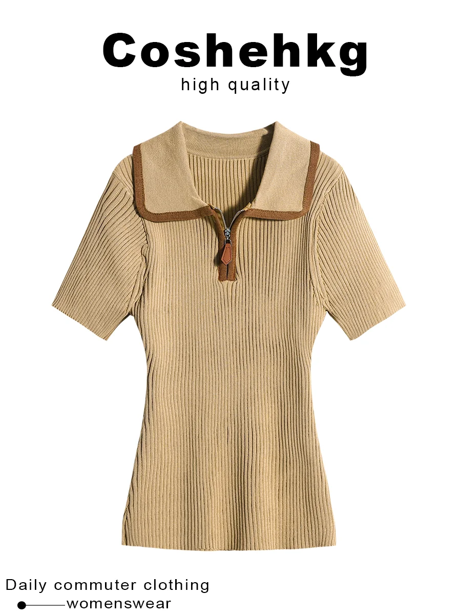 Coshehkg Suéter de punto retro americano de media cremallera y manga corta color camel para mujer, camiseta base adelgazante, top de primavera estilo vintage