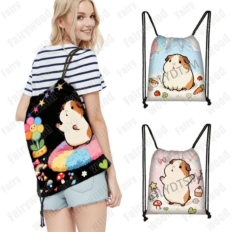 Cartoon Animal Guinea Pig Graphic Pattern Backpack for Travel Drawstring Bag Book Storage Bag Shoe Holder