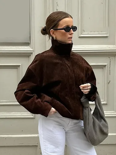 HH, abrigos informales holgados de estilo callejero a la moda para mujer, chaquetas cortas de manga larga con diseño de bolsillo y cremallera y cuello alto de otoño para mujer