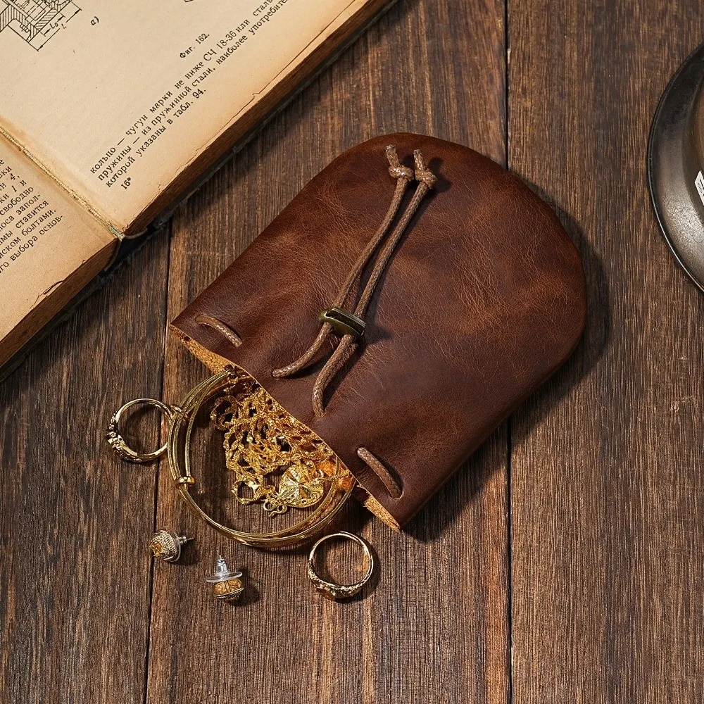 Portable Leather Drawstring Pouch Retro Nordic Style Jewelry Storage Bag Genuine Leather Earphone Storage Case