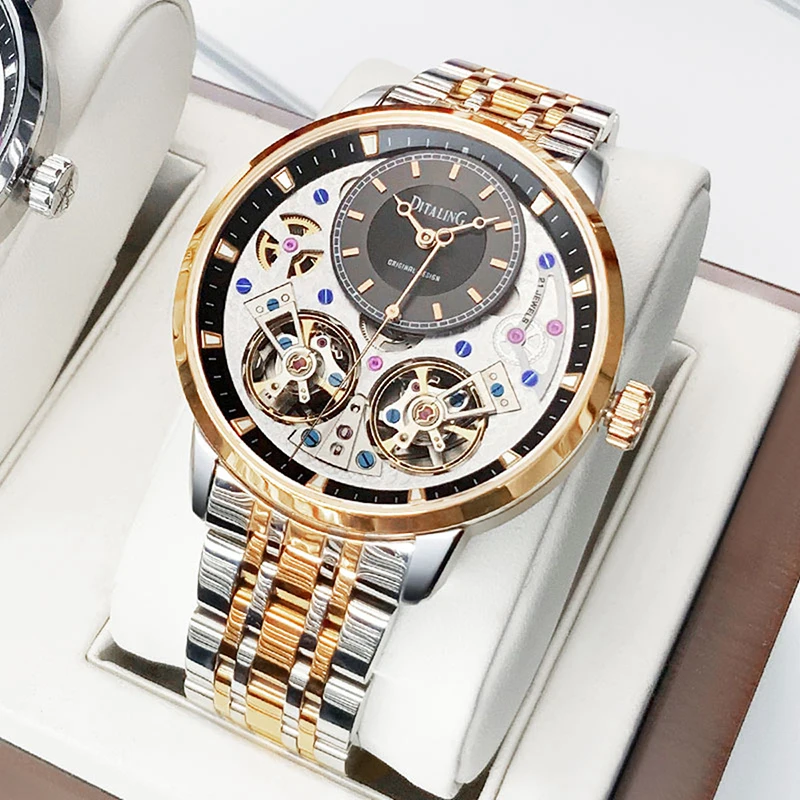 DITALING Men Automatic Watch Luxury Watches Vintage Mechanical Wristwatch 50M Waterproof Sapphire Skeleton Double Flywheel