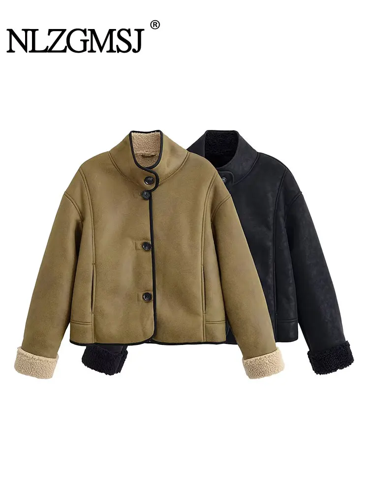 

Nlzgmsj Winter Casual Stand Collar Jacket Women Single Breasted Pocket Loose Coats Street Fashion Women's New Warm Jackets
