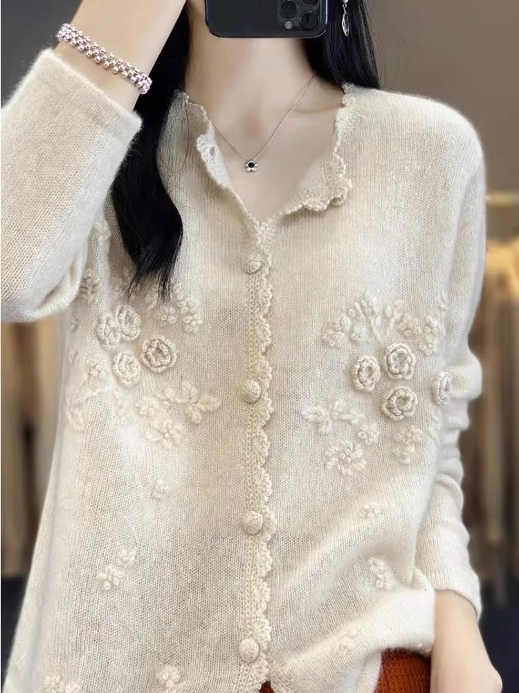 

Qingdao осень-зима Camere вязаный свитер женский шерстяной кардиган с тяжелой вышивкой V-ne Long Sve свободная верхняя одежда