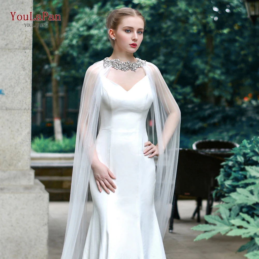 YouLaPan G22 3M Cô Dâu Đô Áo Bọc Lấp Lánh Kim Cương Appliqued Cưới Bolero Khăn Choàng Với Ren Dài Tàu Đảng Áo Khoác