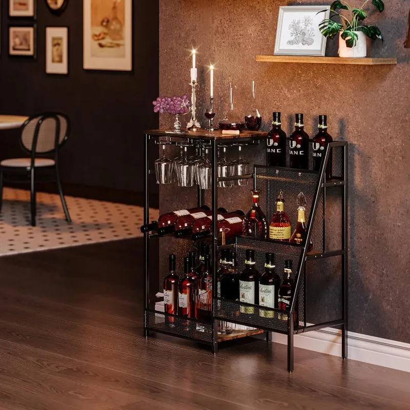 Wine Rack Freestanding Floor, Mini Bar Table, Whiskey, Three-tiered Trapezoidal Wine Bottle Display Rack, Glass Holder and Fence