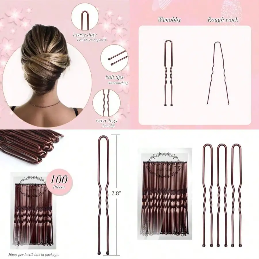 

U Shaped Heavy Duty Hair Pins For Buns 100 PCS 2.8" Brown Hair Pins For Women Hair Styling With Thick Hair