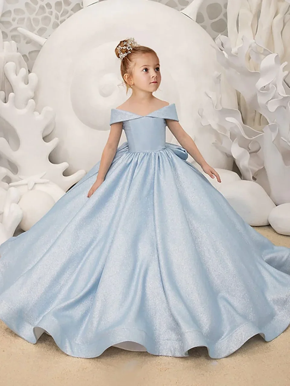 Vestidos florais azuis claros com arco simples, elegante vestido de baile de cetim infantil, vestido de festa de aniversário para primeira comunhão