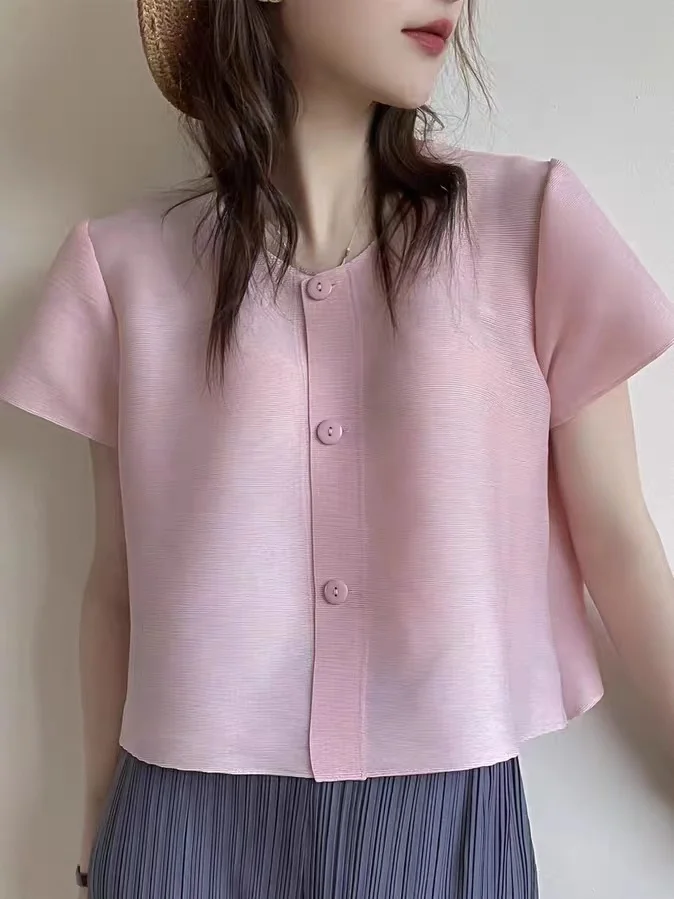 

2025 Summer New Cardigan Thin Jacket Fashion Causal Pleated Short Sleeved Top