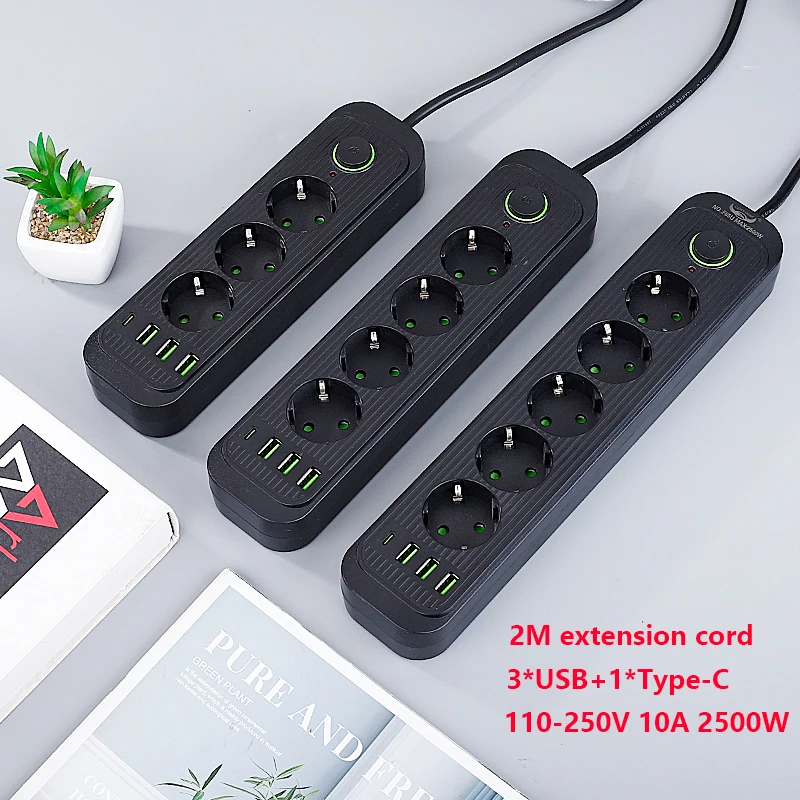 Multiprise EU Plug avec 3 ports USB, multiprise AC, rallonge de 2m, prise électrique, filtre réseau 4/5 W, 3, 2500