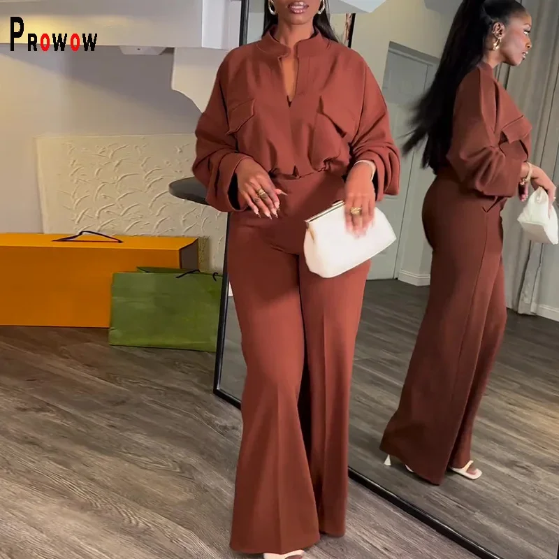 

Prowow Fashion Two Piece Women Clothing Set Long Sleeve Blouse High Waist Wide Leg Pant Solid Color Matching Suits 2025 New