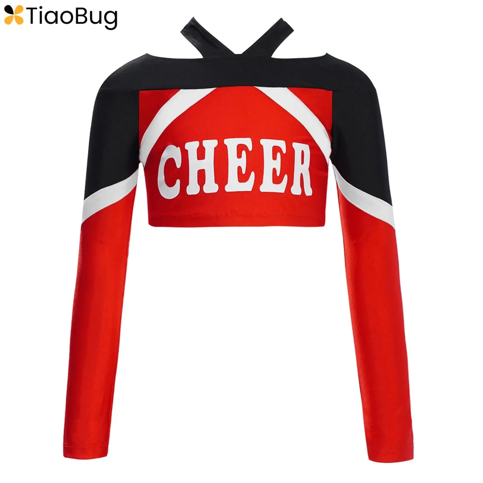 

Girls gymnastics Dance Top Cheerleading Performance Costume Long Sleeve Letter Print Color Block Crop Top for School Show