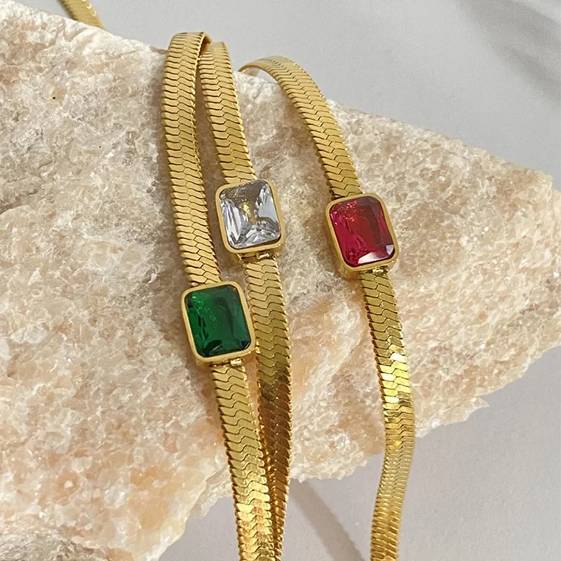 Green Zircon Square Droplet Flower Pendant Necklace For Women Metal Gold Plated Snake Chain Choker Clavicle Necklace Jewelry