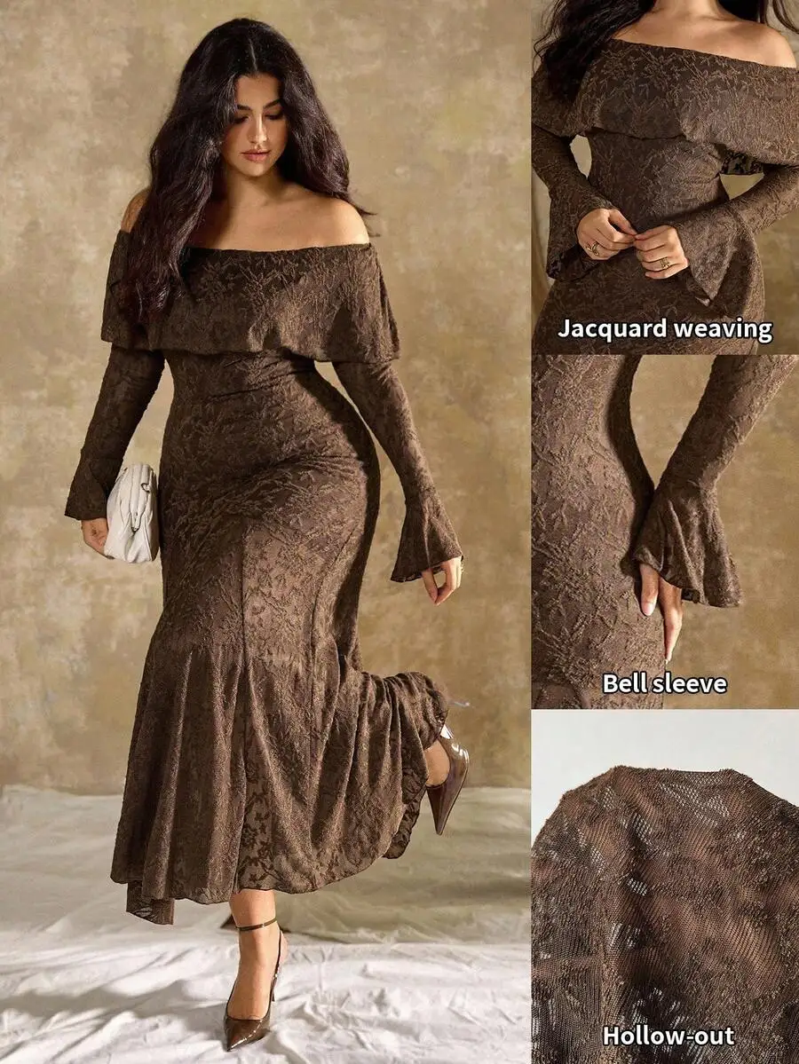 

Brown Off-Shoulder Bell Sleeve Fishtail Dress with Jacquard Weaving and Hollow-Out Detail