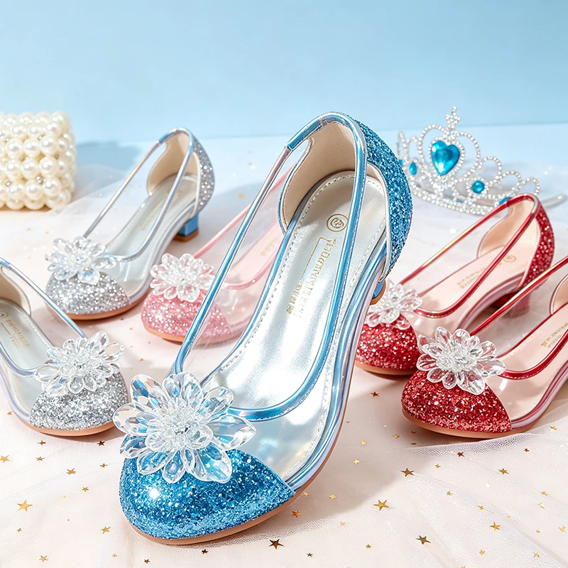 Sparkly Sequined Girls Crystal Flower Princess High Heels Mary Jane Shoes Halloween Cosplay Christmas Pageant Elegant Sandals