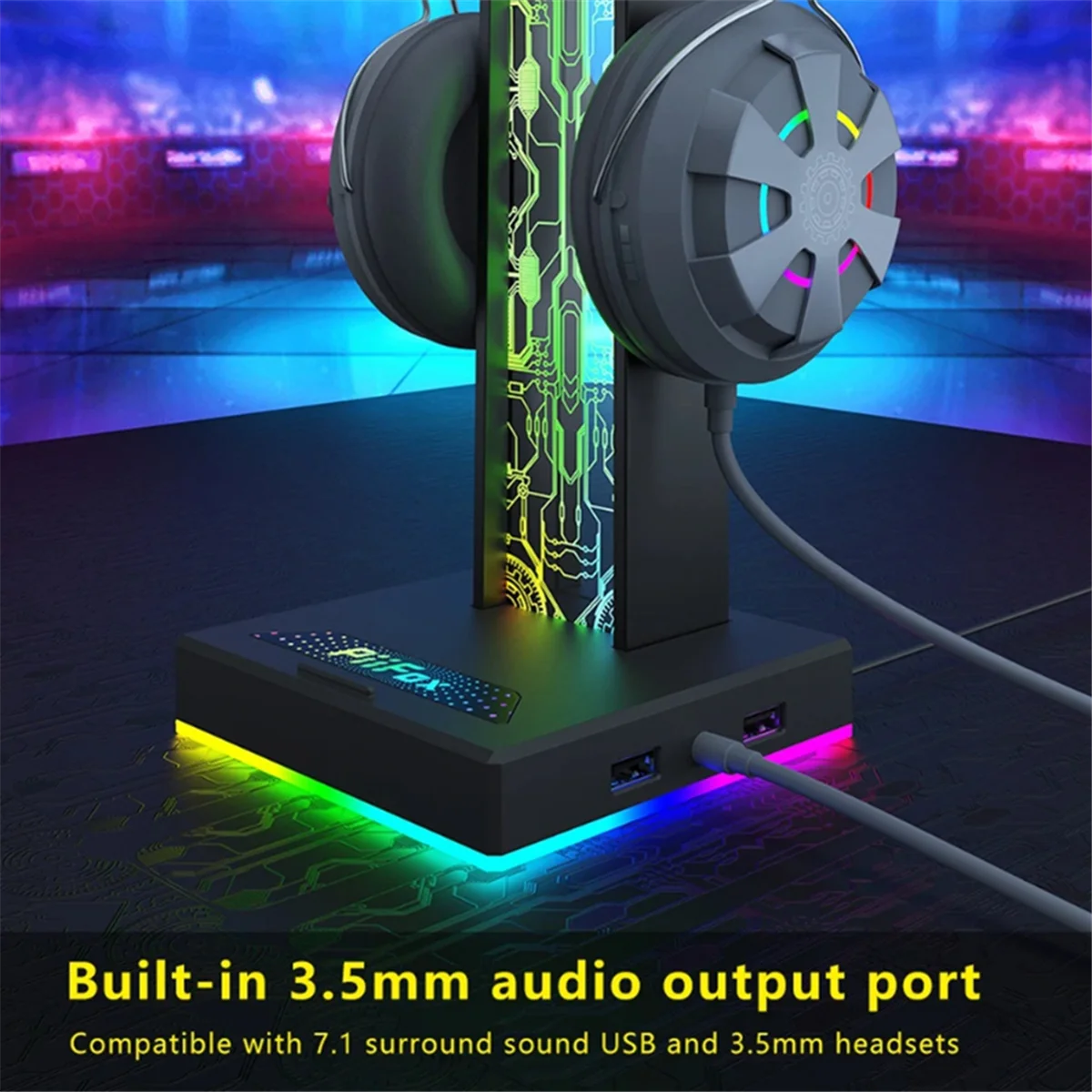 ที่วางชุดหูฟังสําหรับเล่นเกม Piifox RGB ยอดนิยมพร้อมไฟ 10 ดวง อินเทอร์เฟซ USB คู่