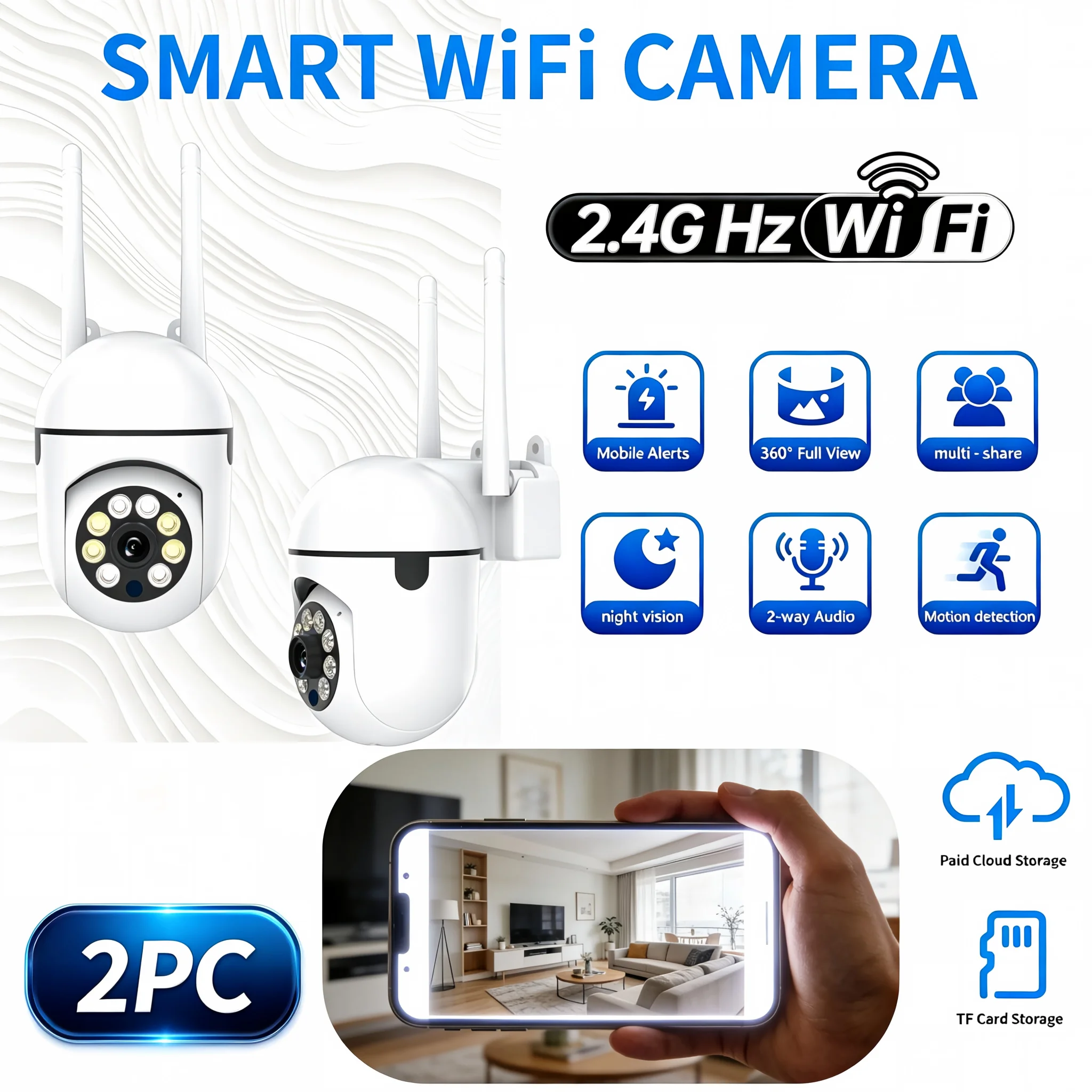 2er-Pack Intelligente WLAN-Sicherheitskamera, 360° °   PTZ-Wireless-Überwachungskamera mit Bewegungserkennung, Farbnachtsicht, Zwei-Wege-Audio, Fernüberwachungsfunktionen und Mehrgeräte-Sharing. Für