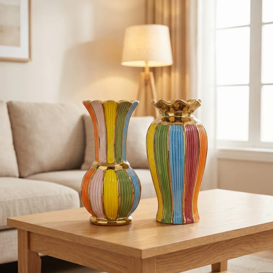 Light luxury gold border rainbow vase, ceramic flower ware, gift giving, home living room entrance, desktop decoration ornaments