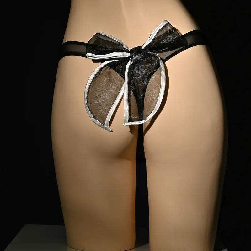 Ropa interior Sexy para hombres, Tanga de encaje transparente, bragas Gay, Lazo de cinta, conejo, niña, Loli, parte trasera en T, trasero abierto