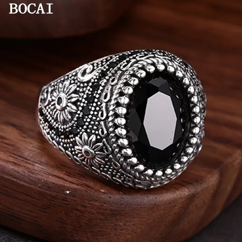 S925 Sterling Silver Open-end Ring Retro Trendy Personality Black Zircon Flower Couple Ring