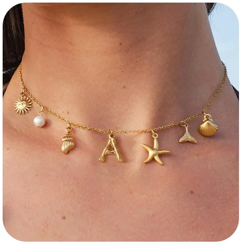 

Popular Vintage Stainless Steel Bubbles 26 Letter Necklace Classic Starfish Conch Collarbone Chain for Girls Vacation Party