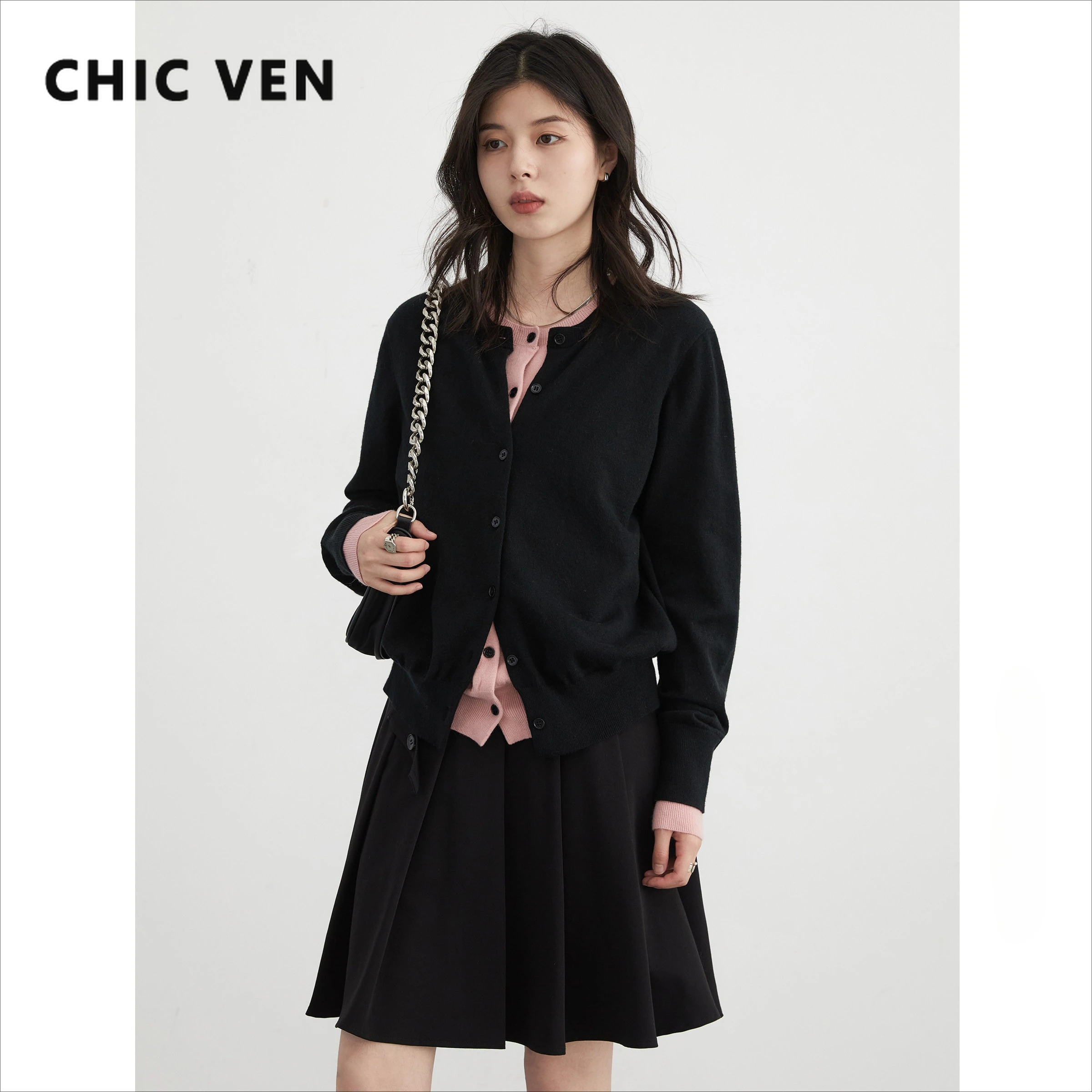 

Женские кардиганы CHIC VEN в корейском стиле, контрастные, имитация двухслойности, повседневные свободные вязаные свитера с круглым вырезом, джемперы для женщин, весна-осень 2026