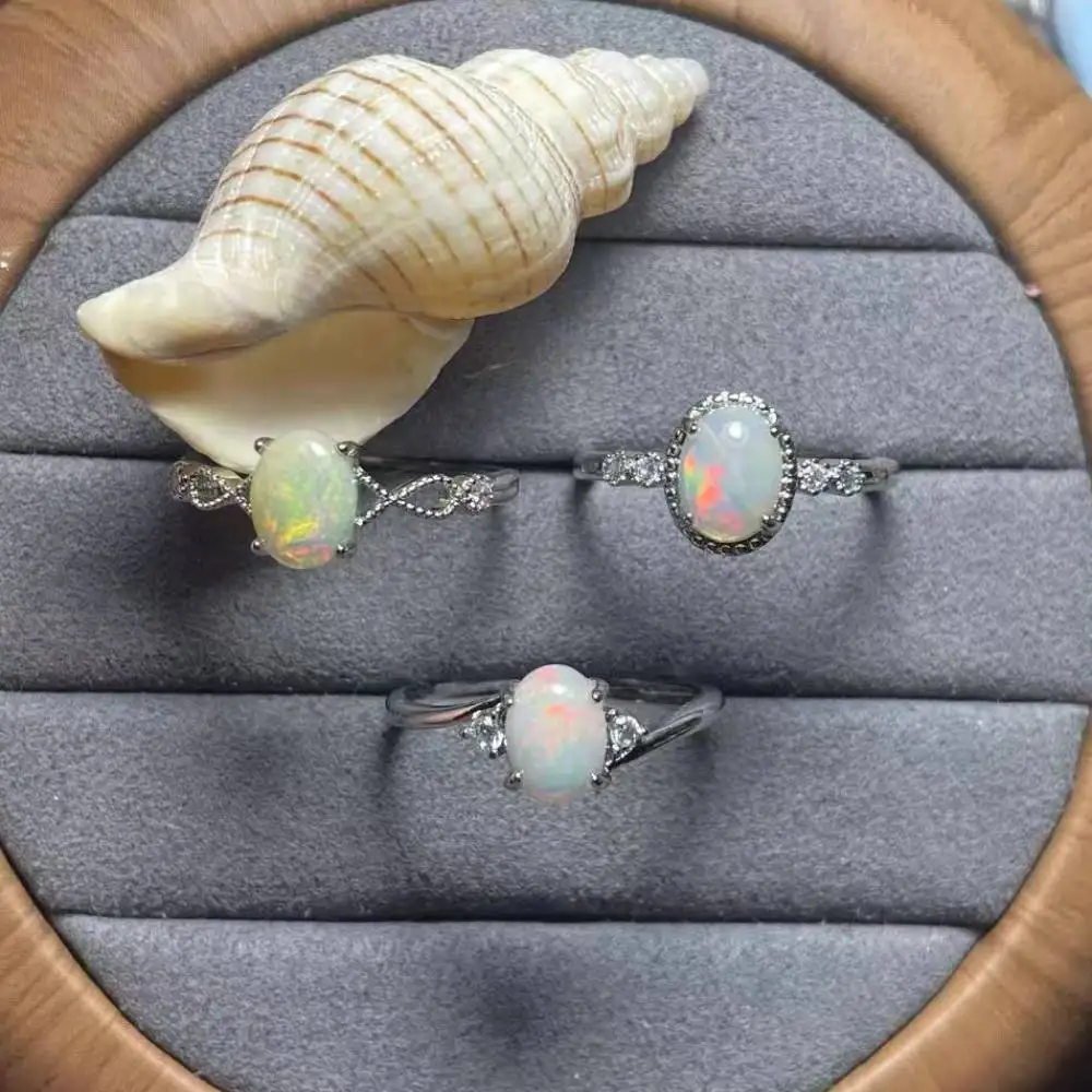 

3rings natural fire opal adjustable ring white copper ring for women ring for gift