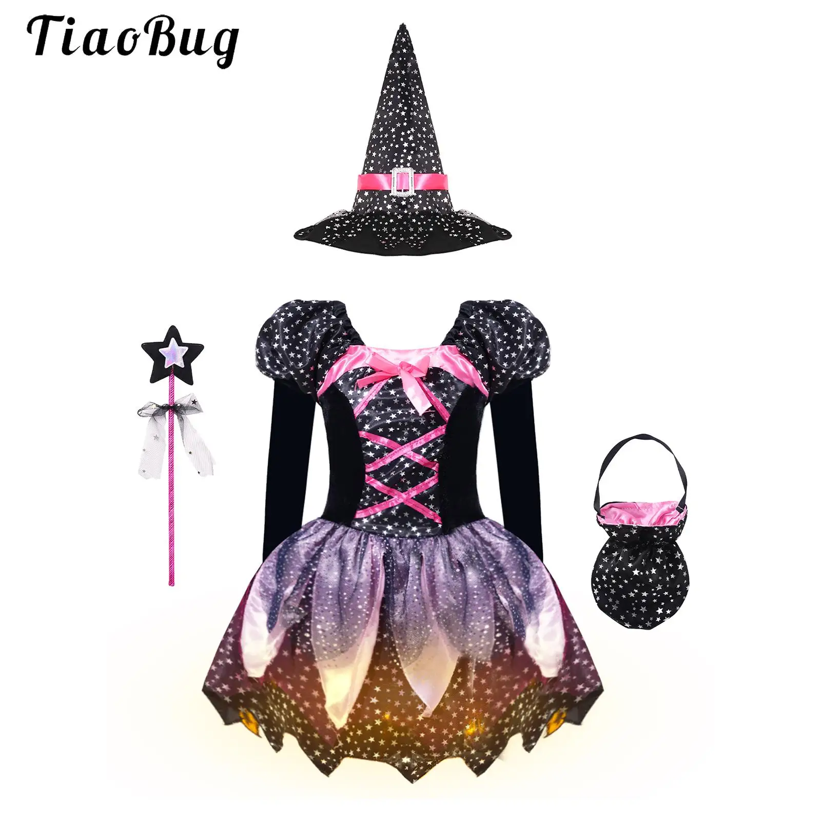 

Halloween Glittery Ballet Dance Mesh Tutu Dress for Girls Carnival Party Vampire Witch Dress Kids Cosplay Role-Play 4Pcs Outfits