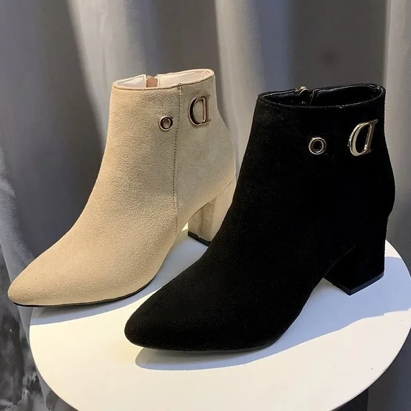 Frauen Stiefeletten Schwarz Leder Mode Stiefeletten Frauen Mid-ferse Spitz Damen Booties Hohe Ferse Kurze Hochzeit Stiefel