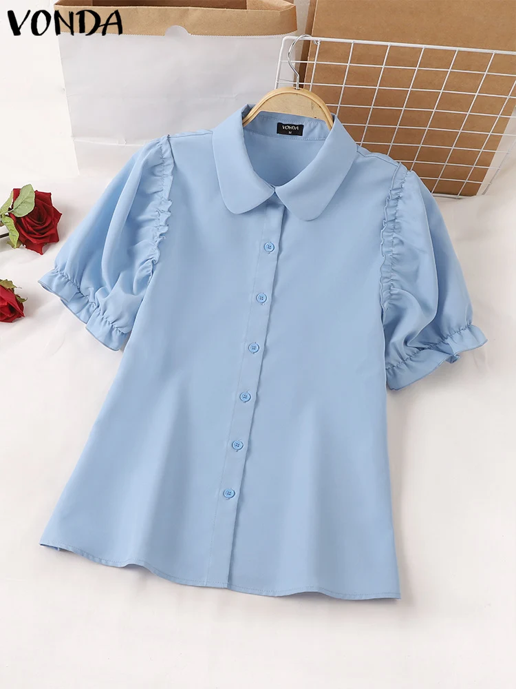 VONDA Tunic Fashion Tops Women Summer Shirts 2024 Casual Solid Color Blouses Short Puff Sleeve Lapel Loose Elegant Blusas Femme