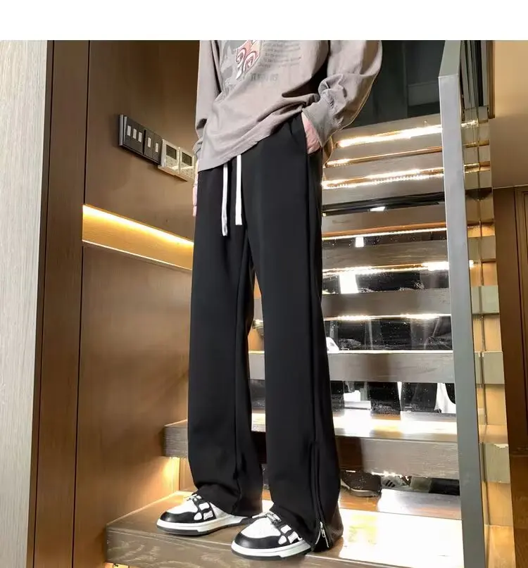 

Men's Autumn and Winter Fleece-Lined Thick Straight-Leg Pants, Solid Color Loose Casual Pants, Zipper Design at the Cuffs