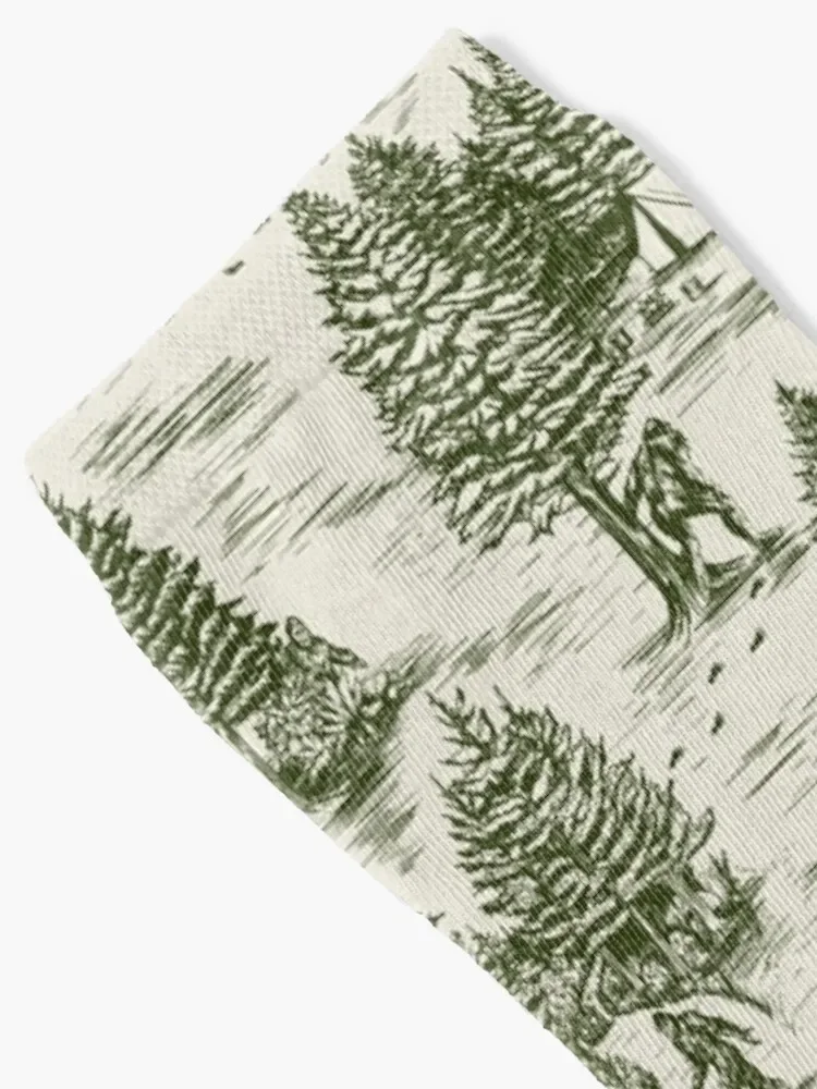 Bigfoot / Sasquatch Toile de Jouy in Forest Green Socks hiphop Toe sports cotton Boy Child Socks Women's