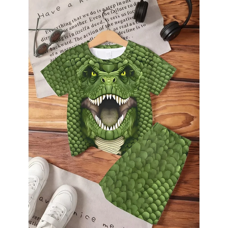 Dinosaur Head T-Shirt And Shorts 2-Piece Set For Children'S Fun 3D Printing Spring/Summer Casual Fashion Harajuku Style Set