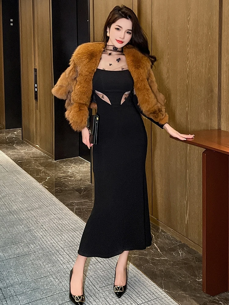 Exquisite Elegant Prom Dresses Women Celebrity Sexy Sheer See Through Mesh Spliced Hollow Fishtail Robe Lady Black Party Vestido
