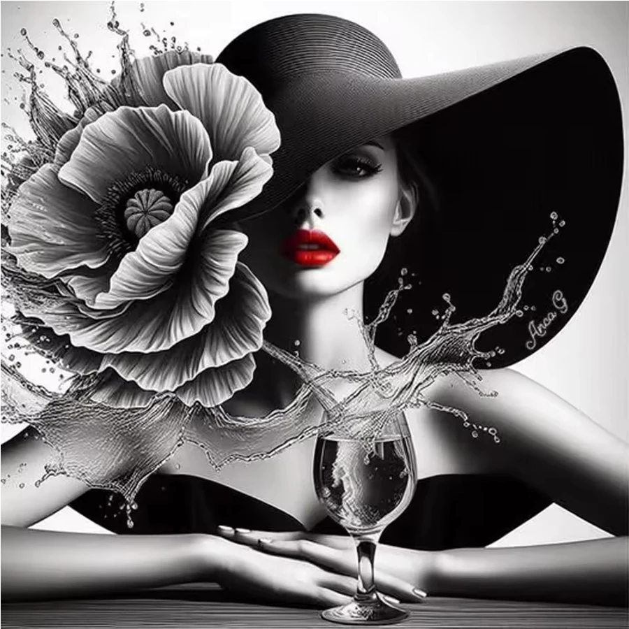 Elegant Woman 5D Diamond Painting black white red art DIY Full Drill Diamond embroidery Grey flower mosaic Hat Woman Home Decor