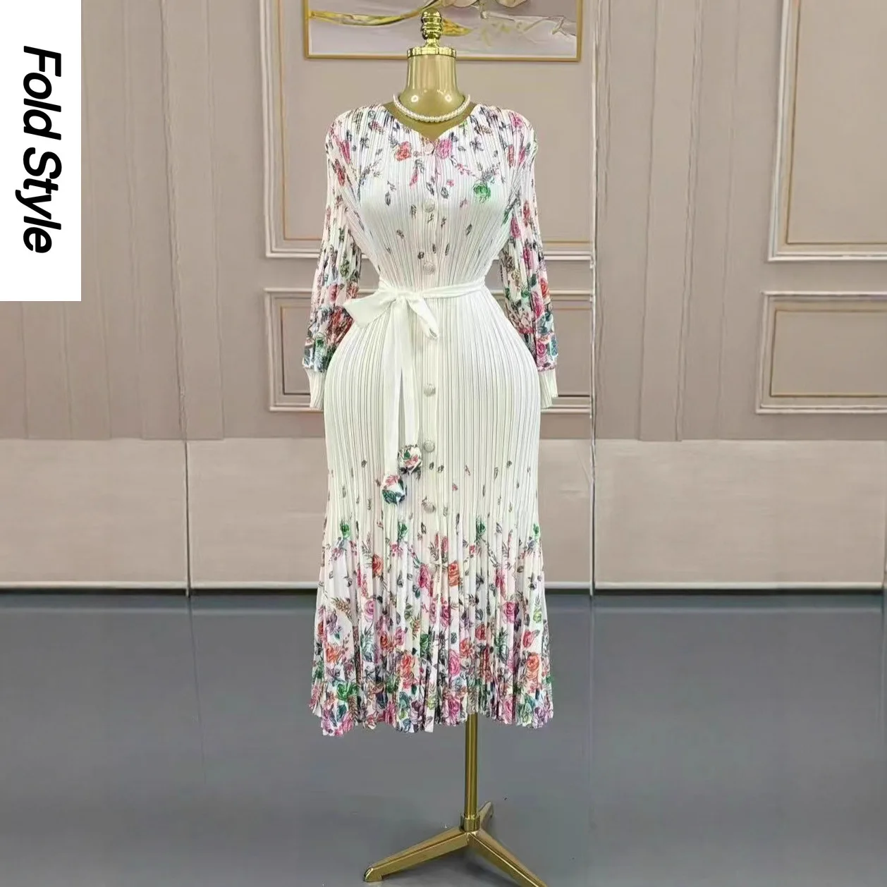 

Модное платье с принтом Miyake 2025 года, свободное осеннее облегающее платье средней длины с пуговицами, новинка