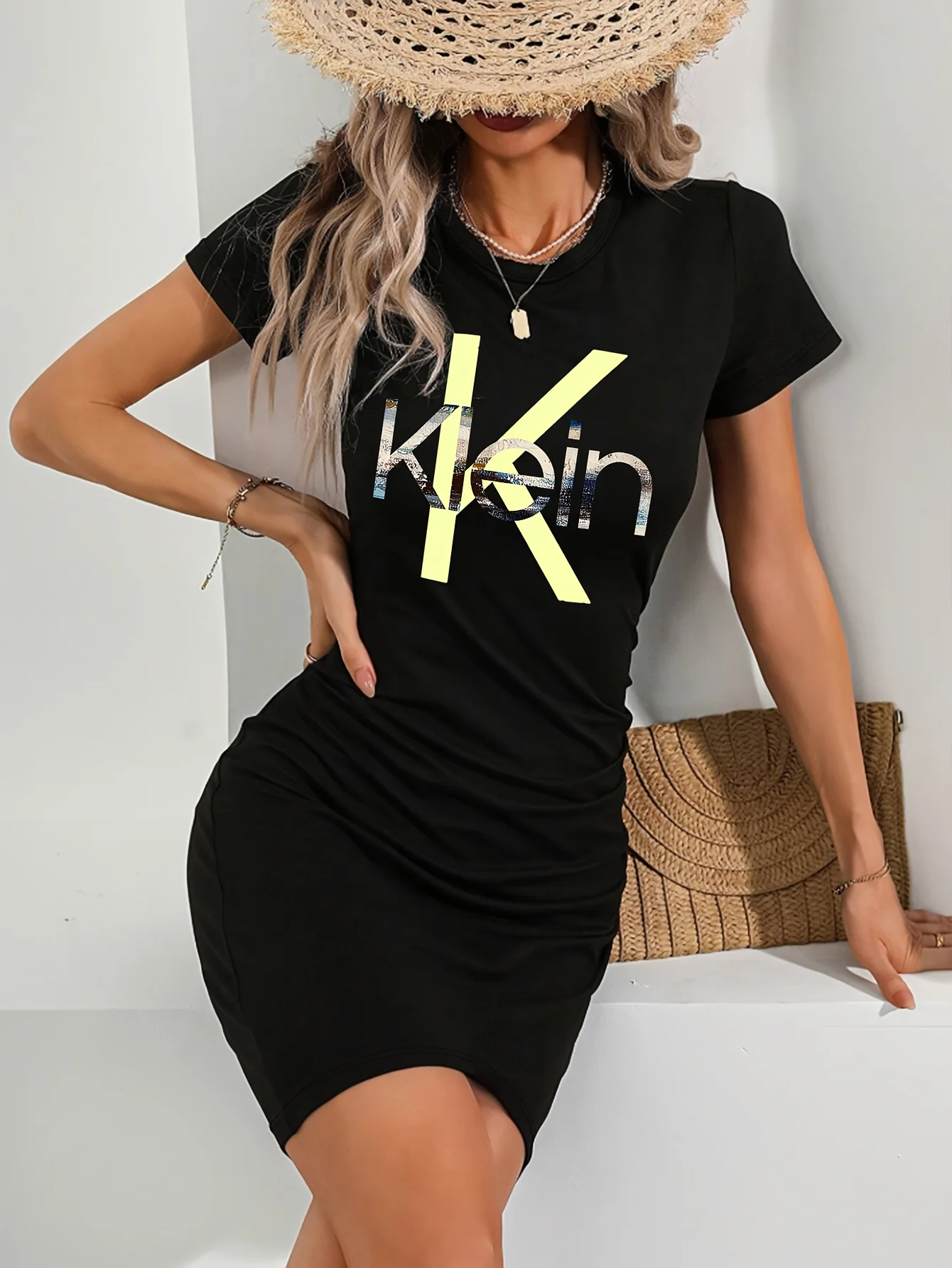 Abito estivo con maglietta nera a maniche corte Abito con maglietta grafica casual da donna Manica corta Girocollo Vestibilità ampia PrimaveraEstate