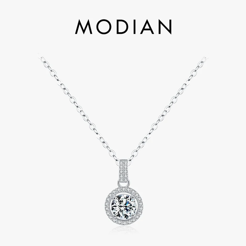 Modian 925 Sterling Silver Charm Round 1CT 5A Zirconia Pendant Necklace Classic Platinum Plated Jewelry For Women Wedding Gifts