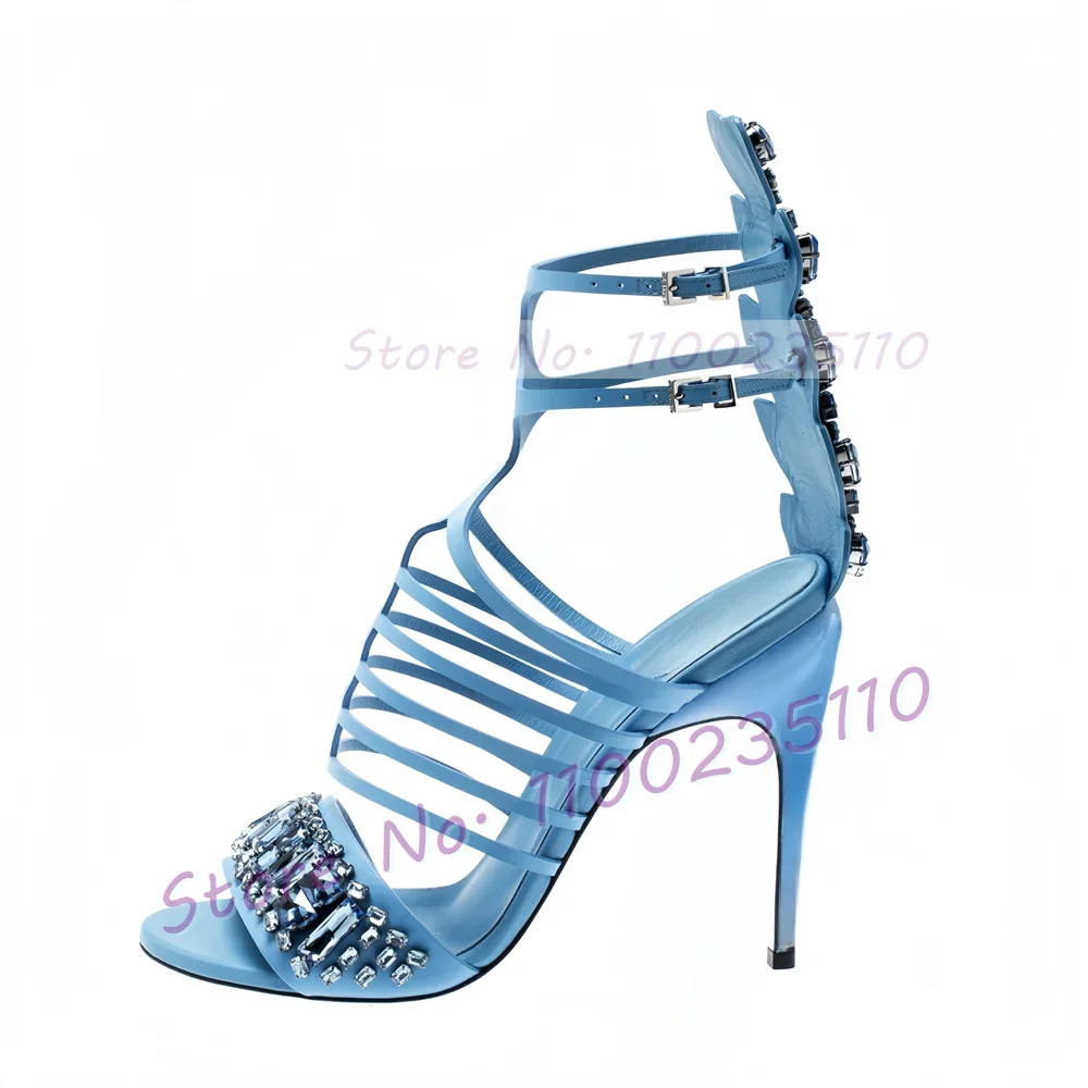 Pink Crystal Embellished Cage Sandals Women Double Ankle Straps Stiletto Shoes Cool Girls Summer Gem Cover Heel Dress Sandals